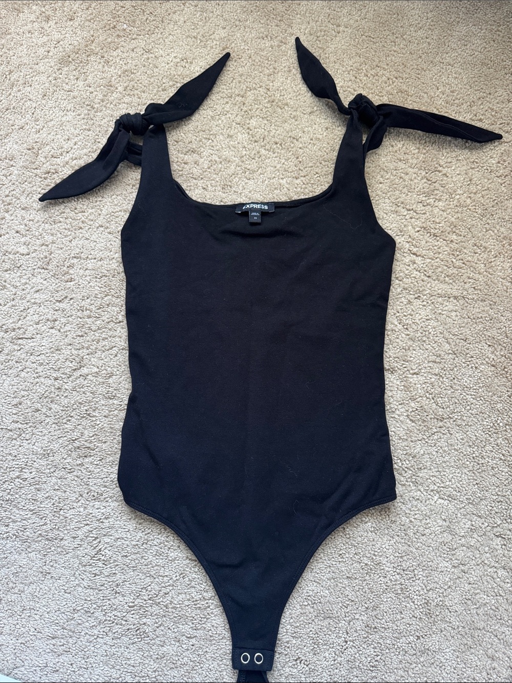 Express Black Tie-Shoulder women’s One-Piece Bodysuit with Snap Hem
